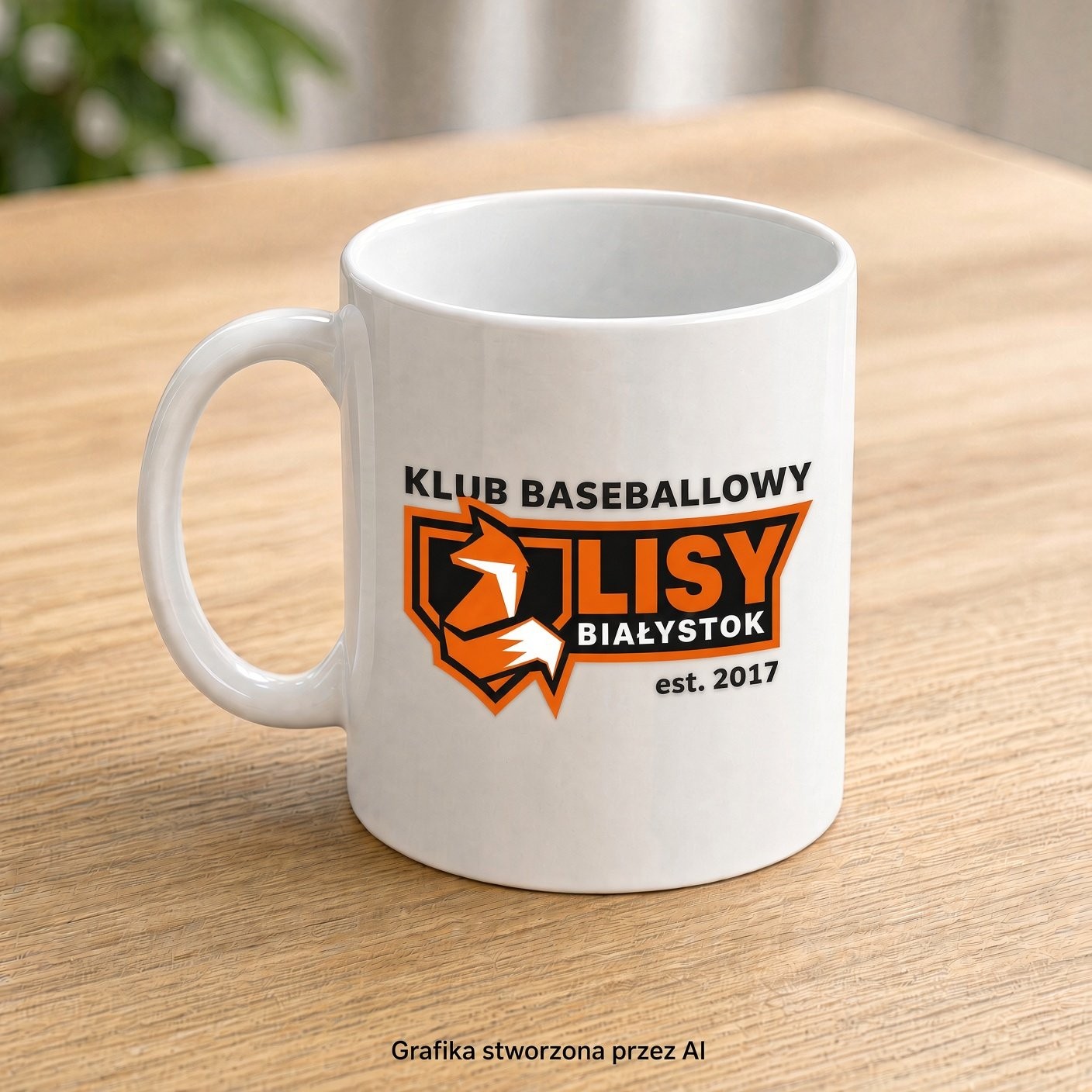 Biały kubek z logo Klubu Baseballowego Lisy Białystok